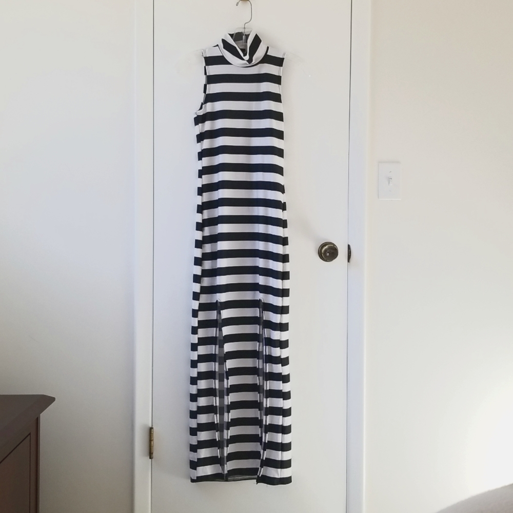 Black and White Striped long maxi dress with high turtleneck collar
